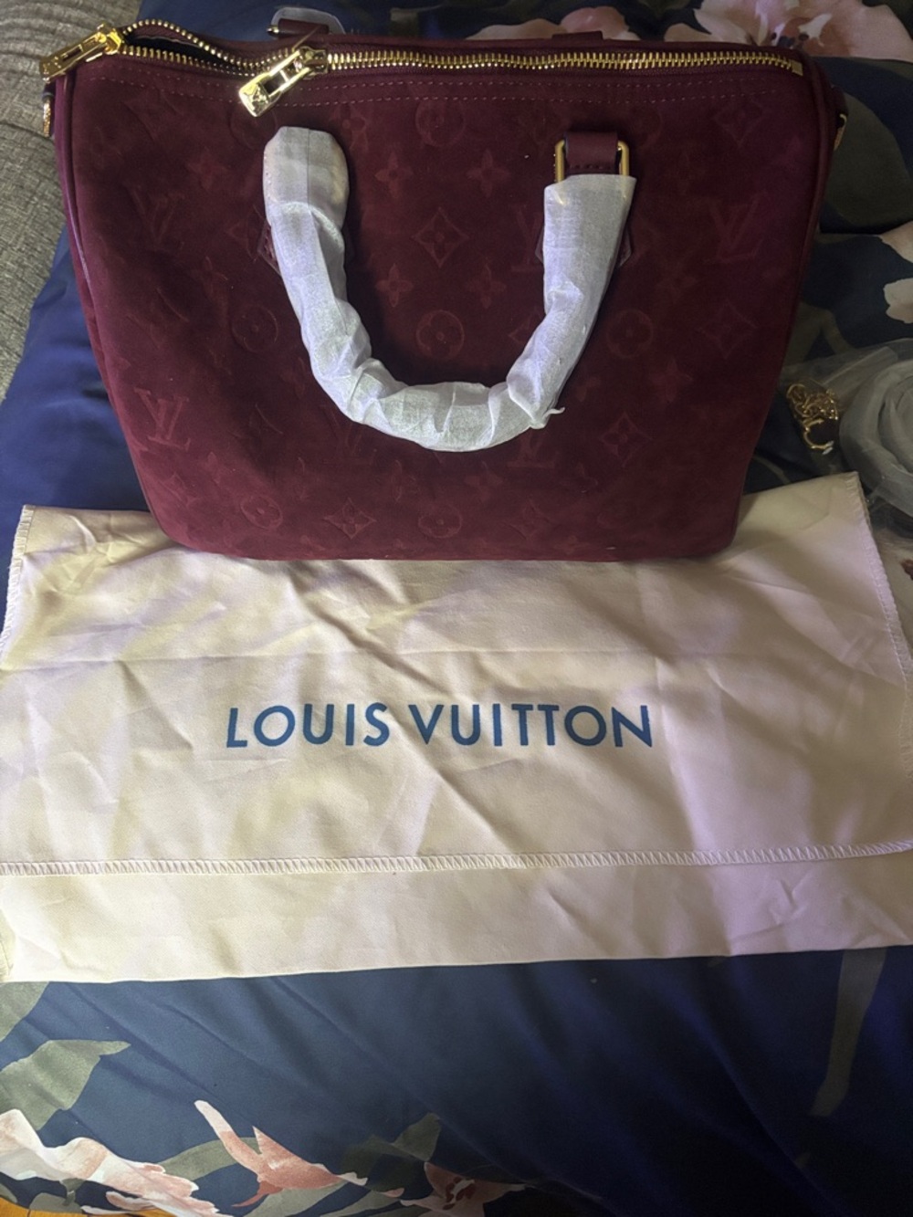 Burgundy Suede Satchel with Gold Hardware new